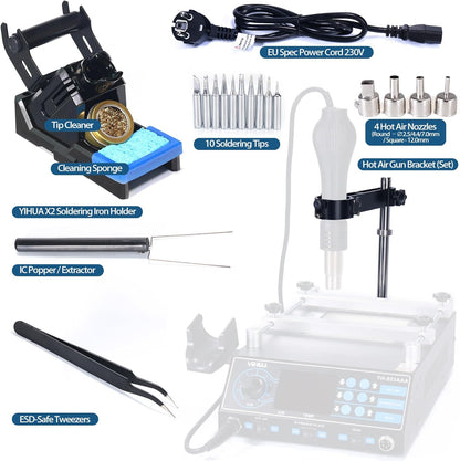 Statie de lipit si dezlipit 3 in 1 cu letcon, aer cald si preincalzire, 1200W, cu 10 varfuri de letcon 4 duze de aer cald, penseta, suport, extractor IC, YIHUA 853AAA