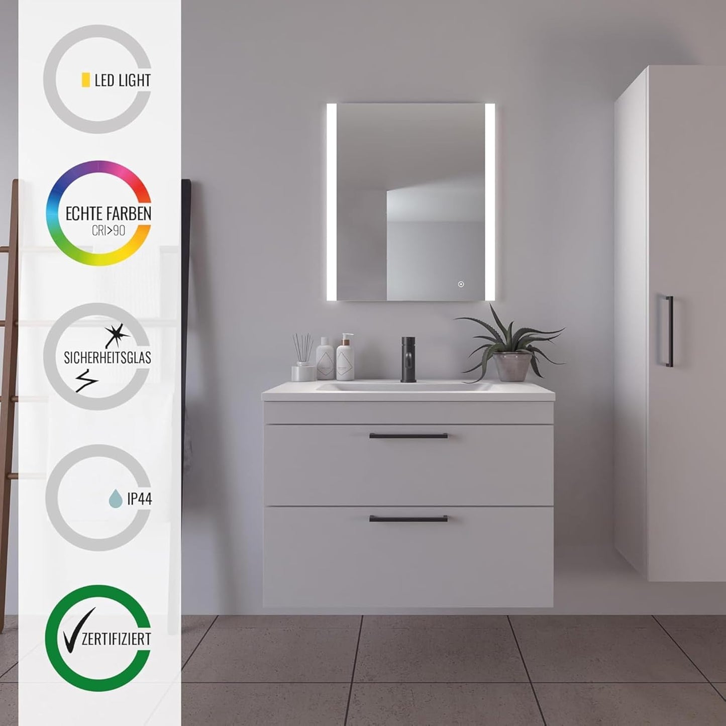 Oglinda de baie cu iluminare LED frontala si spate, 60 x 70 cm, reglabila cu functie tactila, functie memorie, impermeabil IP44, culori clare si naturale, alb
