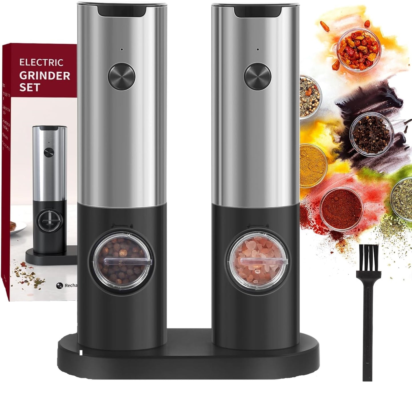 Set 2 Rasnite electrice sare, piper sau alte condiment, control pentru finetea macinarii, stand incarcare, camere depozitare transparente, Lumina LED, reincarcabile, din otel inoxidabil, pentru bucatarie si gratar
