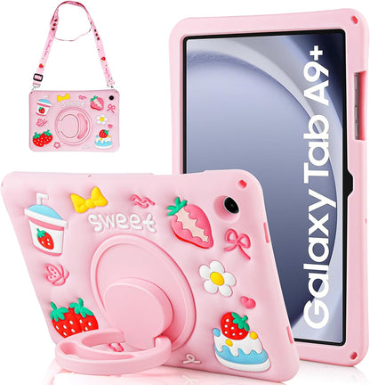 Husa Coolden pentru Samsung Galaxy Tab A9 Plus 11", din silicon moale, design 3D dragut cu capsuni si iaurt, rezistenta la socuri, cu suport rotativ si curea de umar, roz – ideala pentru fete