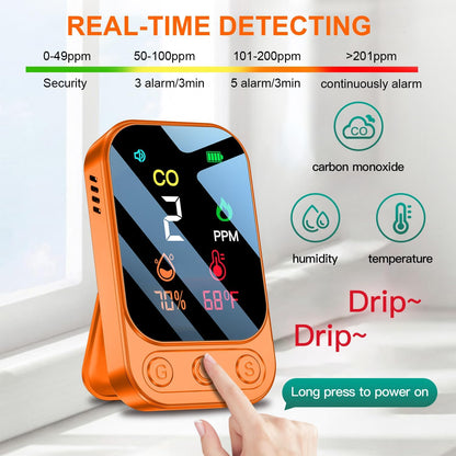 Detector portabil de CO – monoxid de carbon cu afisaj temperatura si umiditate, portabil pentru calatorii si camping, portocaliu