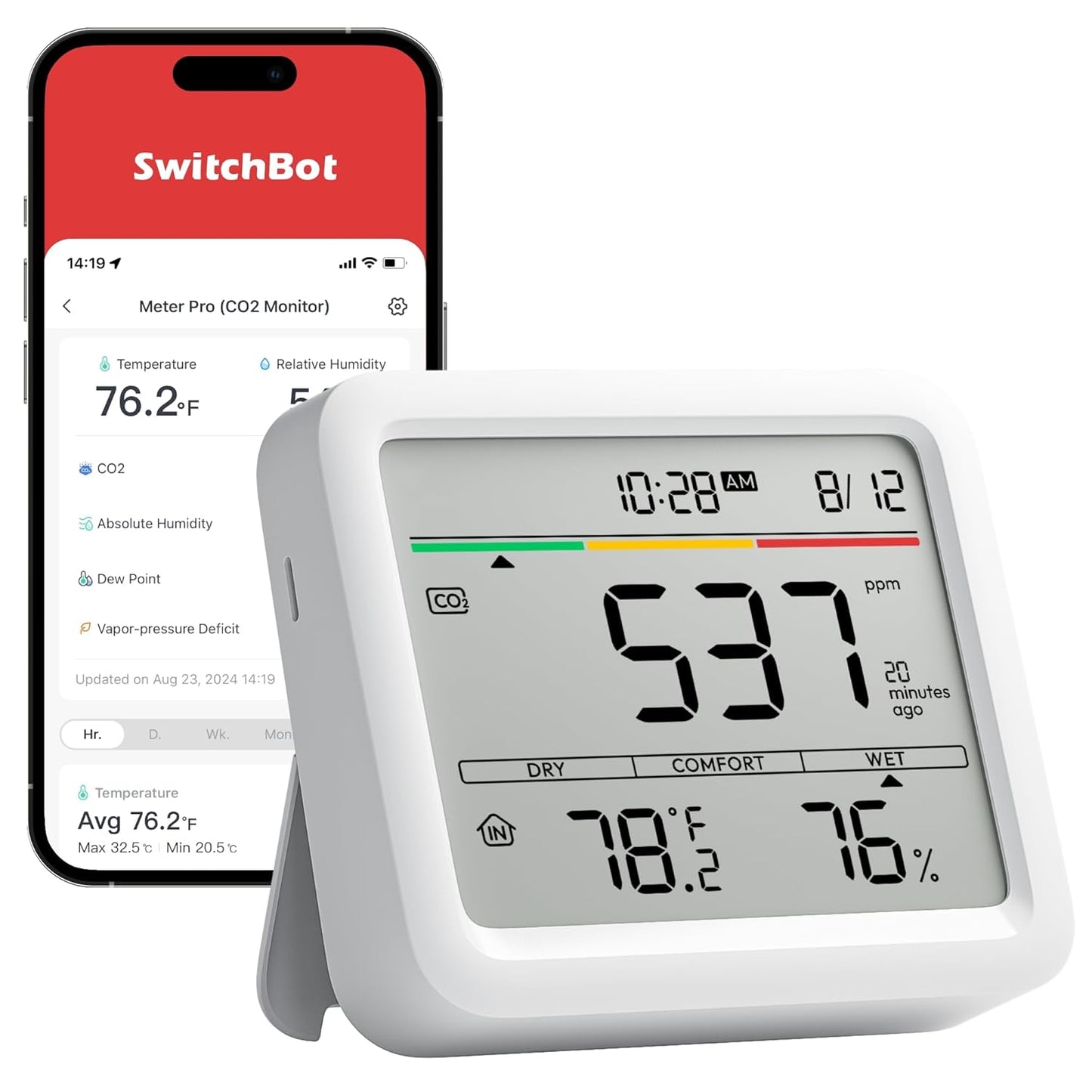 Detector de CO2 WLAN SwitchBot cu termometru-higrometru IP65 si Hub Mini Matter – senzor CO2 cu aplicatie, alarma, stocare date 2 ani si Bluetooth