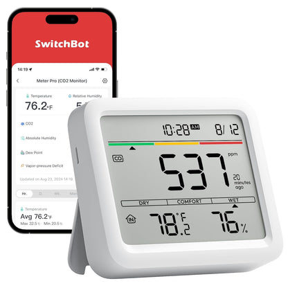 Detector de CO2 WLAN SwitchBot cu termometru-higrometru IP65 si Hub Mini Matter – senzor CO2 cu aplicatie, alarma, stocare date 2 ani si Bluetooth