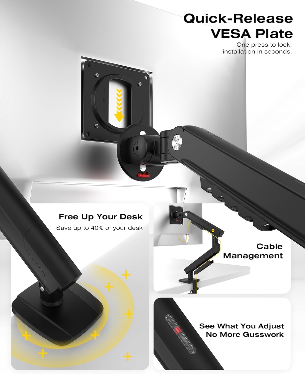 Suport monitor ergonomic brat articulat 17–32 inch – Arc mecanic reglabil, capacitate 9 kg, rotire 360°, inclinare +90°/-25°, ajustare inaltime, VESA 75x75 & 100x100, montare birou tip clema sau grommet, otel aliat, negru
