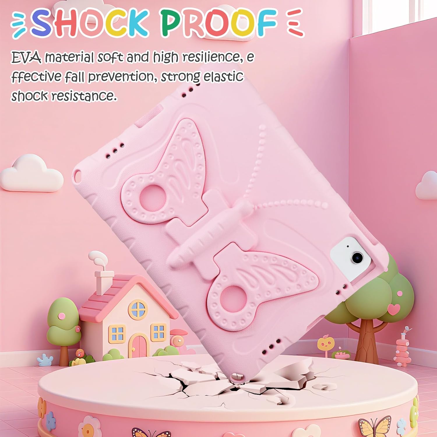 Husa pentru iPad 11" (A16/A10) – Protectie socuri, suport fluture si curea de umar, roz, pentru copii si adolescenti