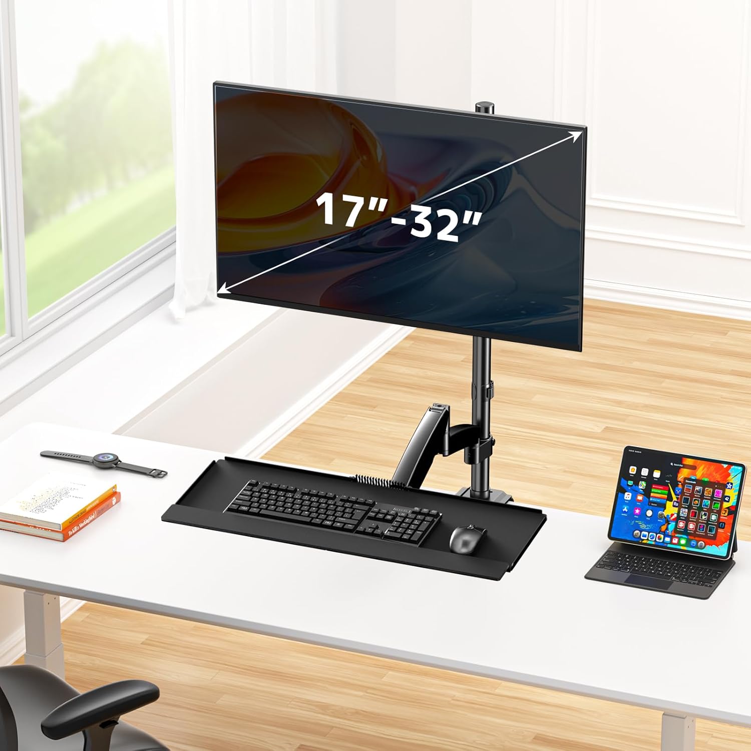 Suport monitor cu raft pentru tastatură - pentru suport monitor cu arc pe gaz de 17-32 inch, până la 9 kg,