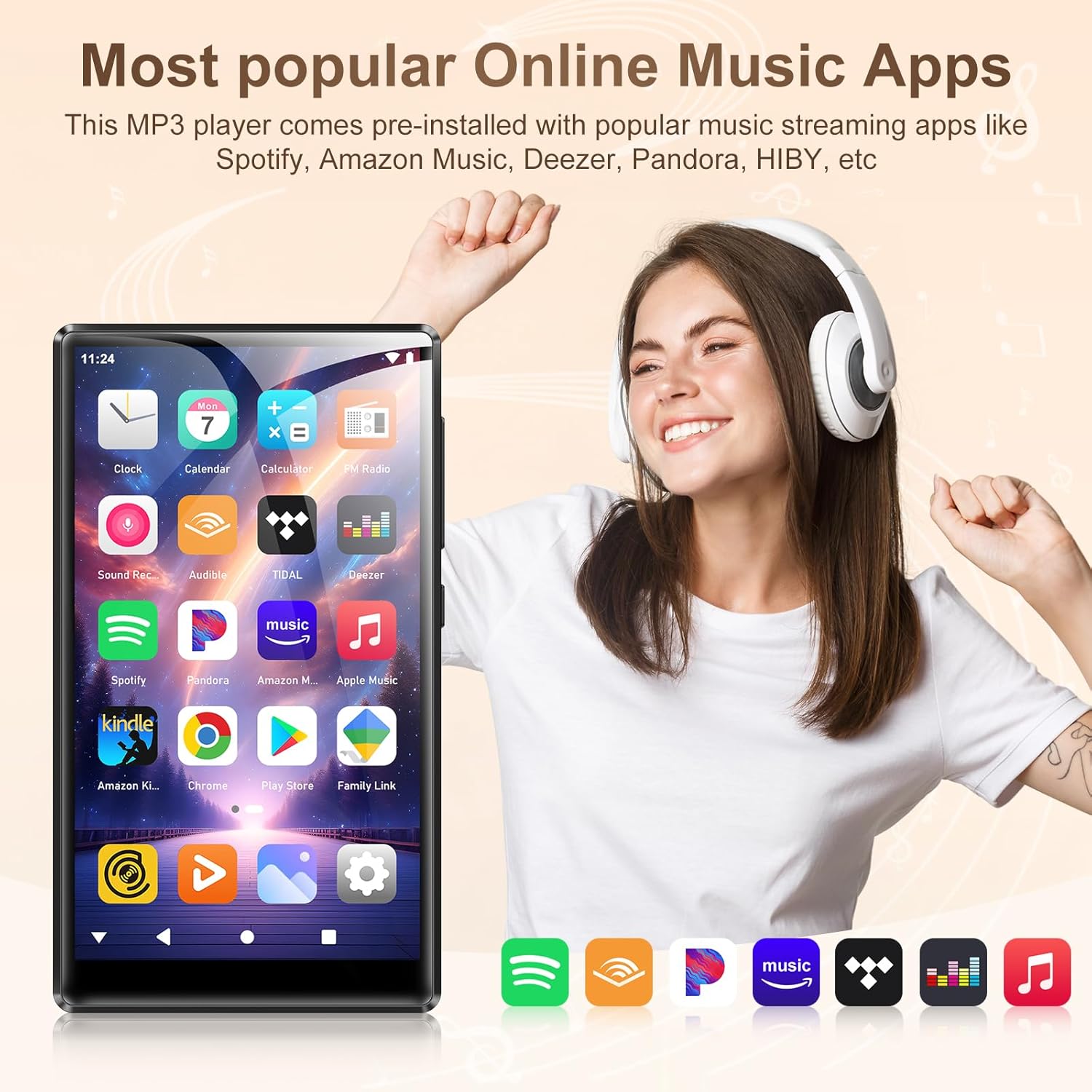 Player MP3/MP4 SWOFY D26, 96GB (32GB + 64GB SD), Android 13, WiFi & Bluetooth 5.0, ecran tactil HD 5”, Spotify/Amazon Music, Radio FM, autonomie 60h, control parental, negru