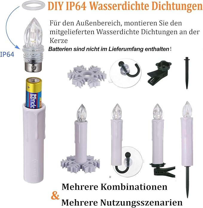 Set 40 lumanari LED cu telecomanda, impermeabile IP64, dimabile cu 5 niveluri si 3 moduri luminozitate, functie de temporizator, cu prindere tip clema, tarus, ventuza sau suport, baterii, pentru Halloween, Craciun, nunta, petrecere, decoratiuni de gradina