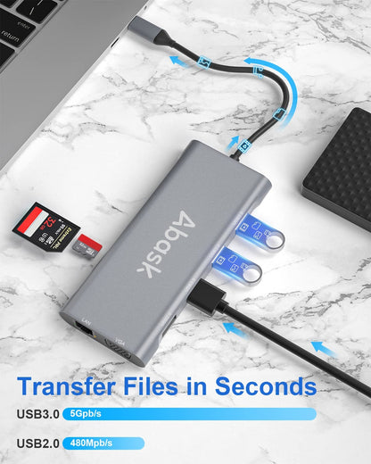 Hub adaptor USB C 11 in 1 Abask, cu 2 HDMI 4K, VGA, RJ45, 4 porturi USB, SD/micro SD, putere incarcare 100W