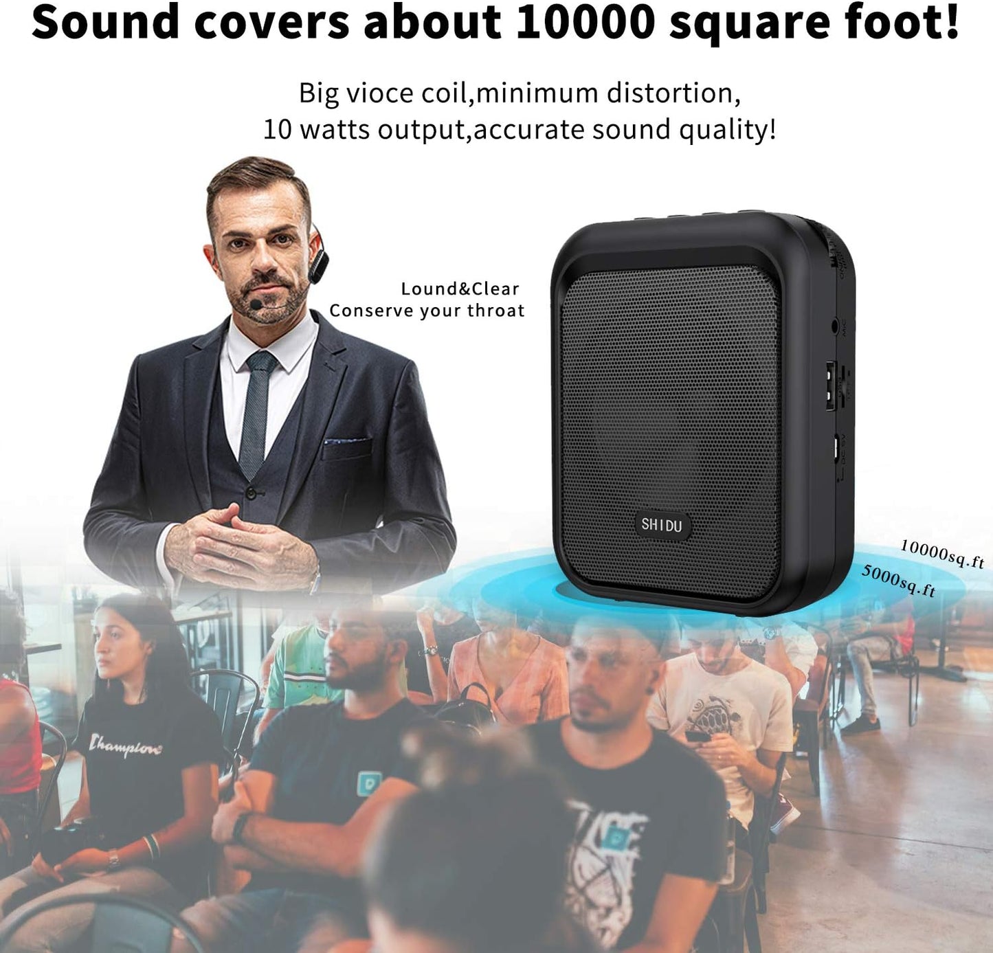 Amplificator de voce cu microfon wireless, Megafon portavoce Bluetooth portabil, baterie 1800mAh, slot card, pentru profesori, ghid turistic, antrenor
