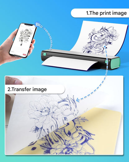 Imprimanta termica portabila pentru tatuaje, Bluetooth, USB, cu 10 hartii de transfer, acumulator 1200 mAh, printare termica directa, fara tus, conectare prin aplicatie, compatibila Android/iOS/Windows/MacOS/ChromeOS