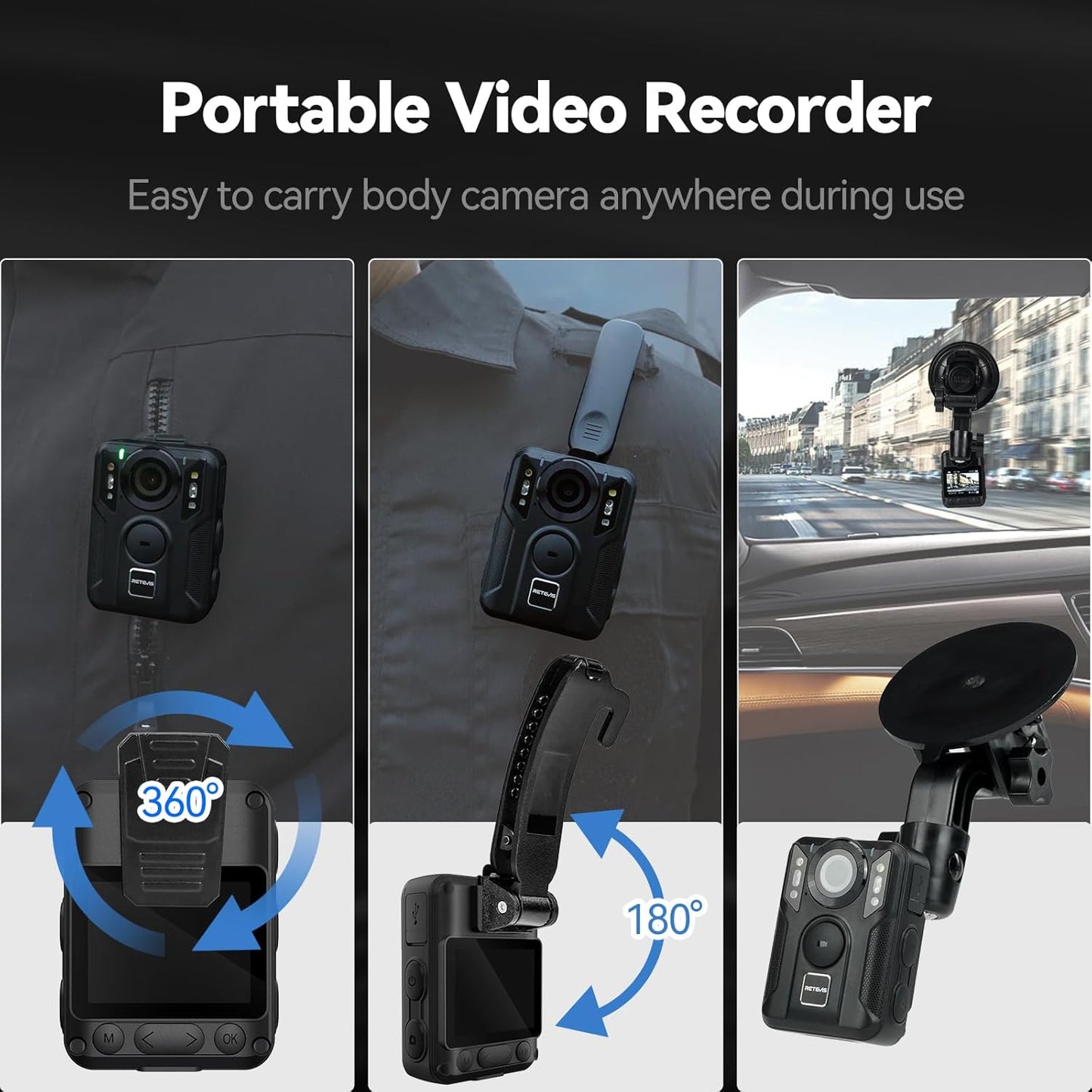 Camera video corporala, Bodycam 4K cu GPS, Nightvision, inregistrare in bucla, display, portabila, unghi larg 170°, 128 GB memorie, cu ventuza pentru masina si clema de haina