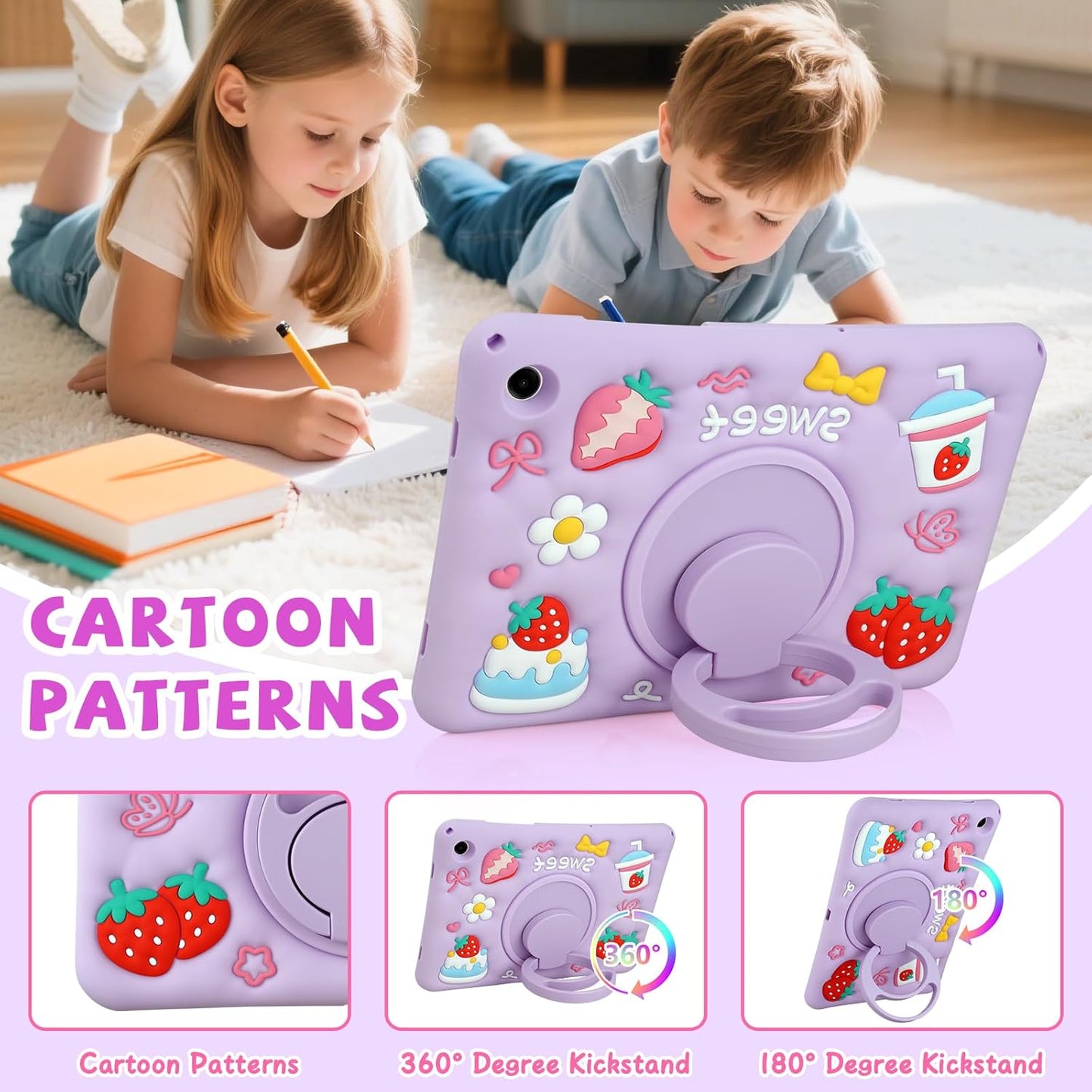Husa pentru Samsung Galaxy Tab A9 Plus 11 inch, draguta 3D cu capsuni si tort de iaurt, silicon rezistent la socuri, pentru copii si fete, cu curea de umar rotativa si suport