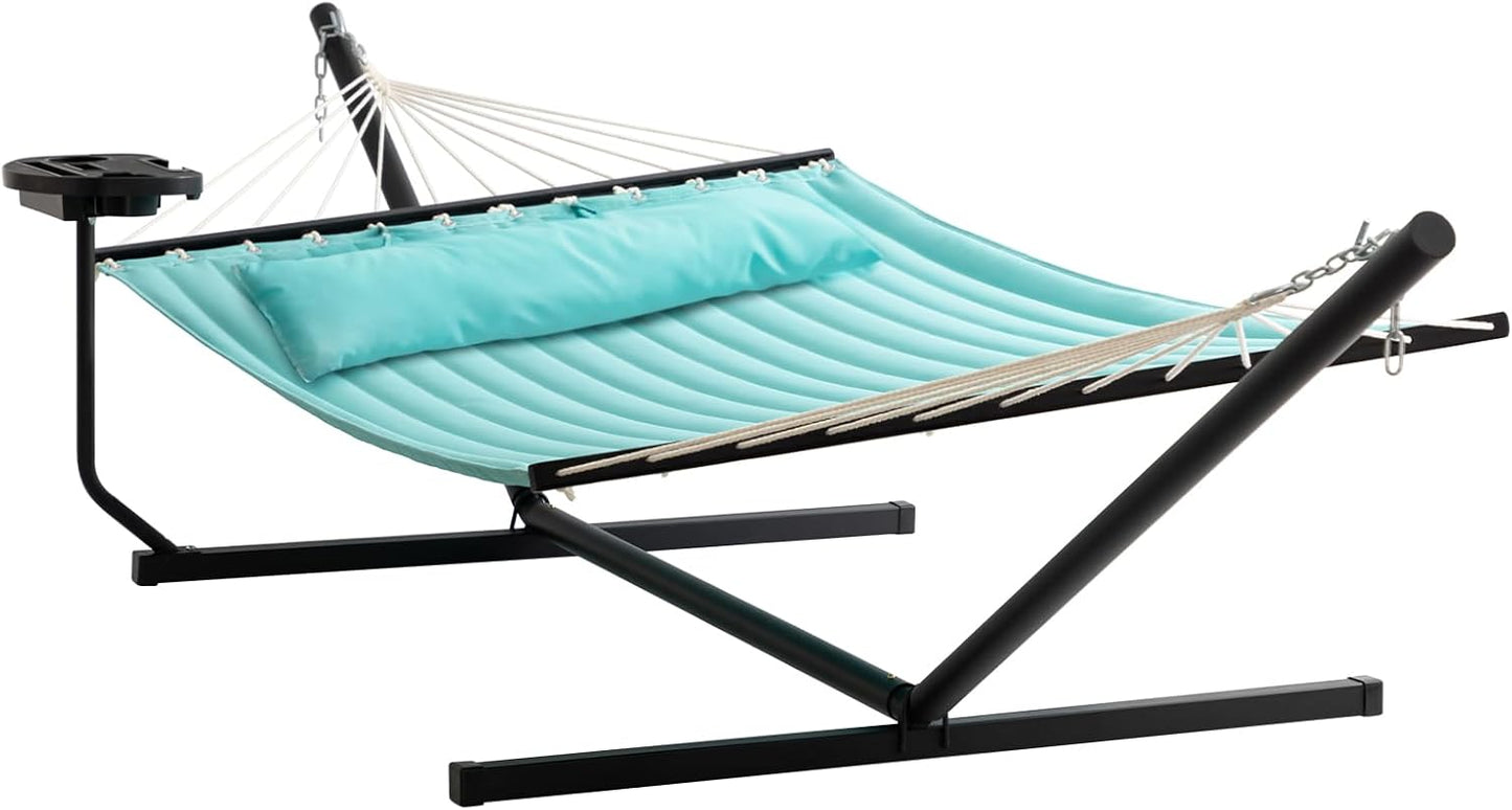 Hamac cu suport metalic, cadru din otel, din bumbac, 350 x 120x 74 cm, ajustabil, cu tavita si perna, greutate suportata 136 kg, usor de asamblat, pentru adulti si copii