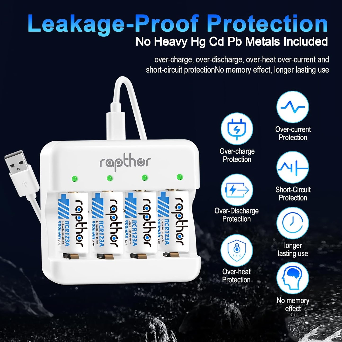 Set 8 acumulatori Raptor CR123A reincarcabili Li-Ion 3.7V 900mAh + incarcator LED, compatibili Arlo VMC3030, VMK3200, VMS3330, VMS3430, VMS3530, protectie la supraincarcare, 550 cicluri