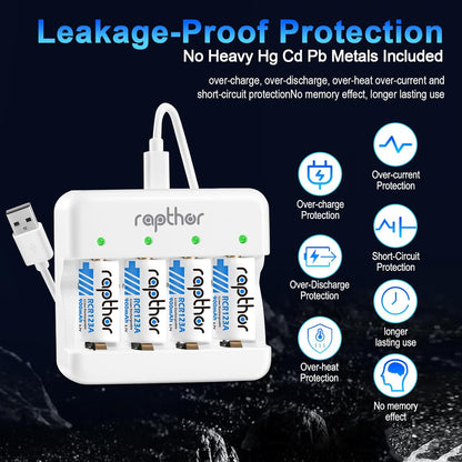 Set 8 acumulatori Raptor CR123A reincarcabili Li-Ion 3.7V 900mAh + incarcator LED, compatibili Arlo VMC3030, VMK3200, VMS3330, VMS3430, VMS3530, protectie la supraincarcare, 550 cicluri