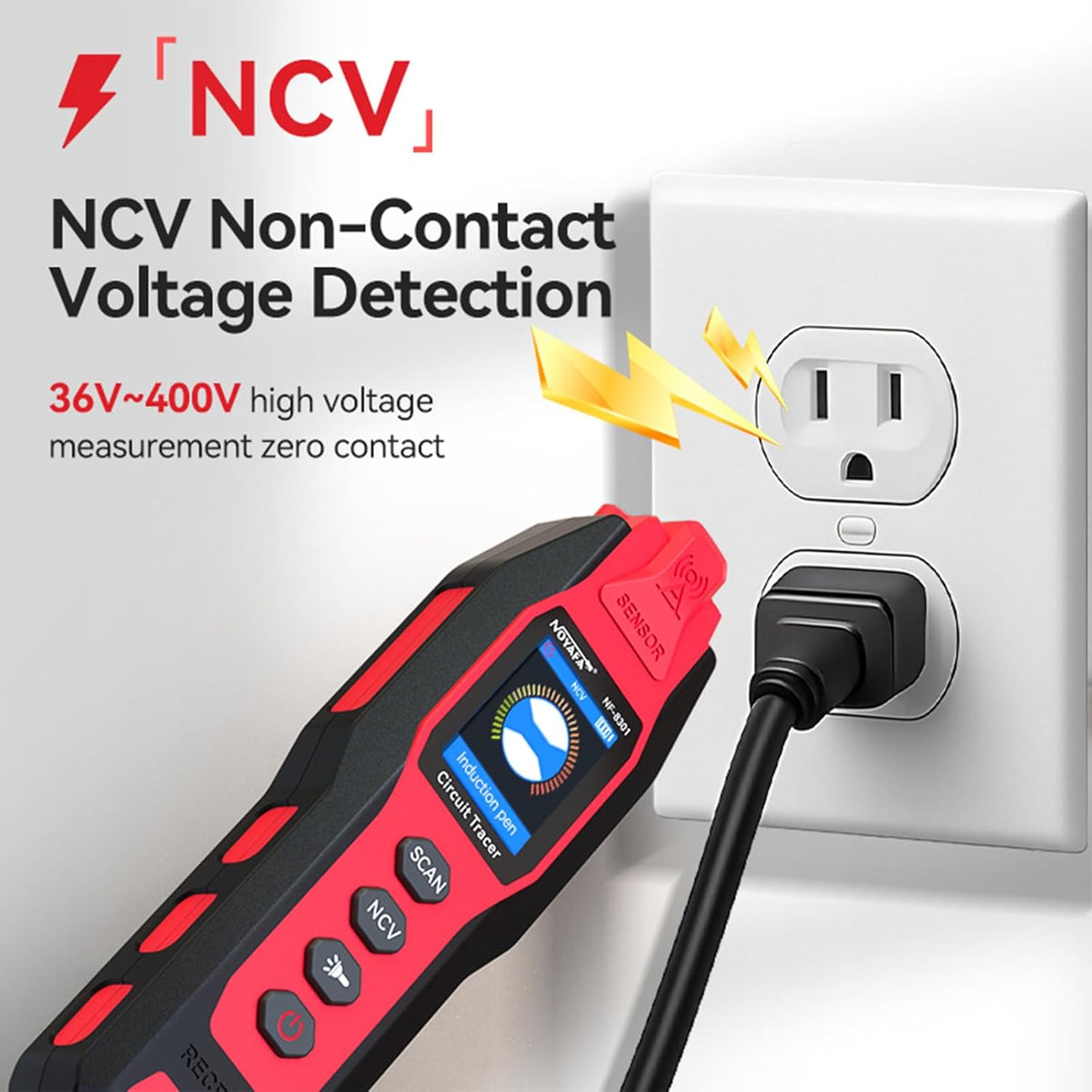 Detector profesional cabluri si circuite NOYAFA NF-8301, cu multimetru digital integrat, functie NCV fara contact 400V, 8 niveluri sensibilitate reglabila, localizare cabluri subterane si in perete, indicator semnal, lanterna LED, kit complet, rosu