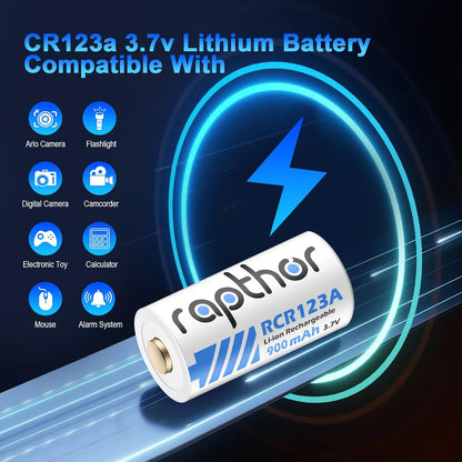 Set 8 acumulatori Raptor CR123A reincarcabili Li-Ion 3.7V 900mAh + incarcator LED, compatibili Arlo VMC3030, VMK3200, VMS3330, VMS3430, VMS3530, protectie la supraincarcare, 550 cicluri