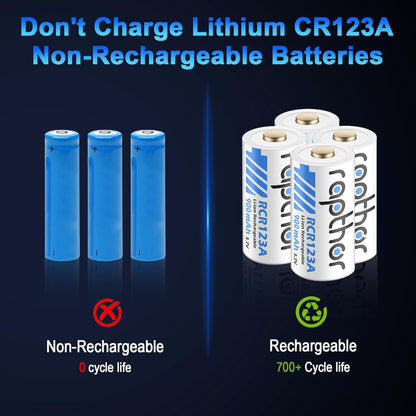 Set 8 acumulatori Raptor CR123A reincarcabili Li-Ion 3.7V 900mAh + incarcator LED, compatibili Arlo VMC3030, VMK3200, VMS3330, VMS3430, VMS3530, protectie la supraincarcare, 550 cicluri