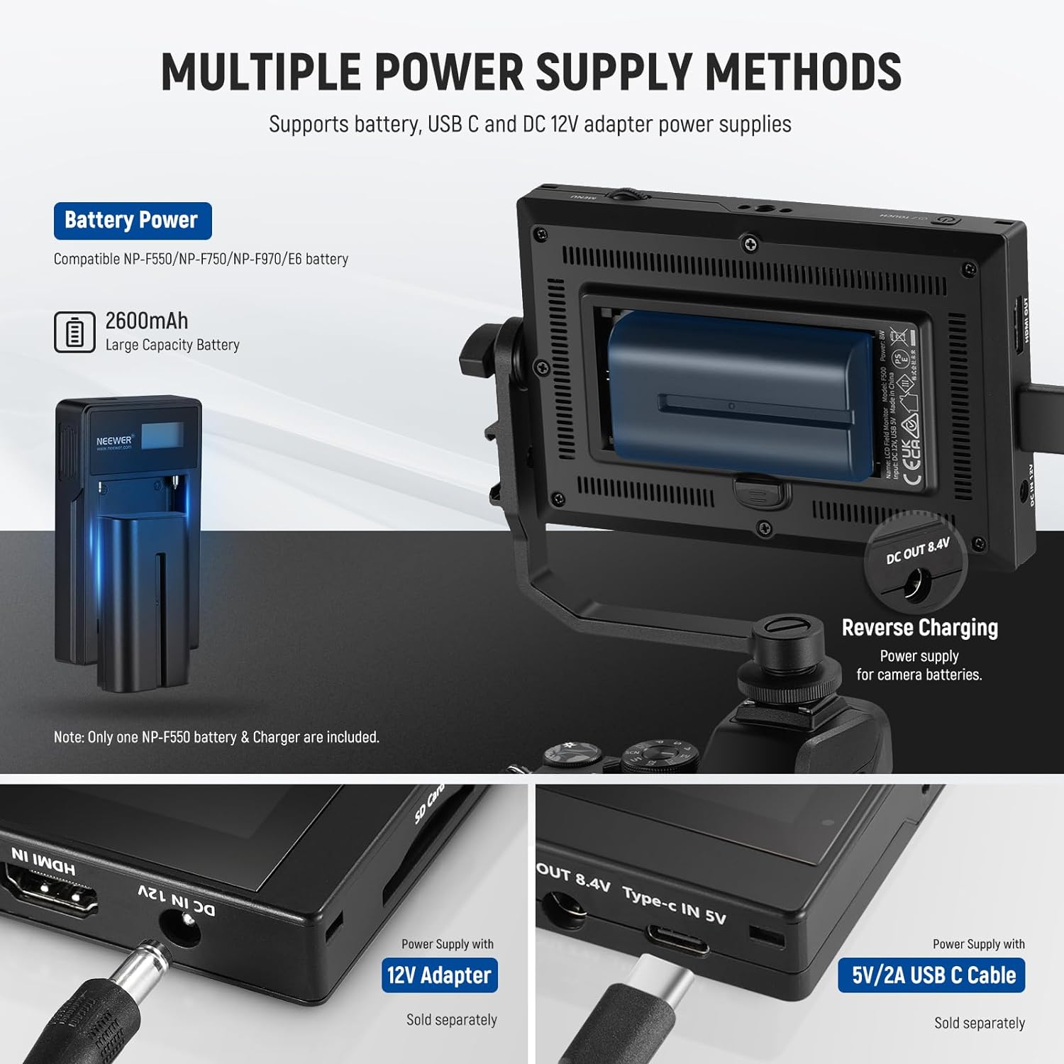 Set monitor video de teren 5.5 inch, 3D LUT, Touchscreen IPS Full HD 1920 x 1080, HDR, HDMI Loop-in/out 4K, Full Waveform, Focus Peaking Assistant, cu acumulator NP-F550, incarcator si parasolar