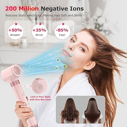 Set uscator de par 5 in 1 cu ioni, 110.000 rpm, 23 m/s, <75 dB, cablu rotativ 360°, 2 ondulatoare 1,25 inch, perie ovala, perie netezire, manusi termice, agrafe par, perie curatare, geanta depozitare, control inteligent al caldurii, uscare rapida, roz