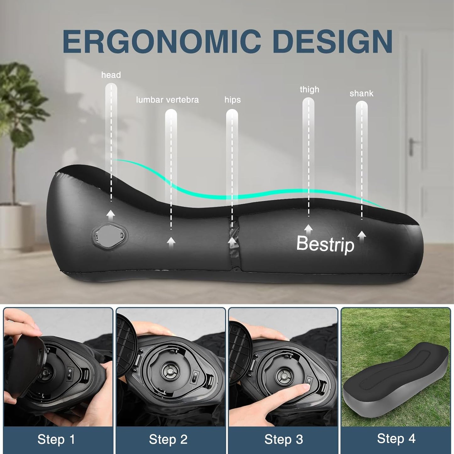 Sezlong gonflabil cu pompa de aer incorporata, 180 x 70 x 50 cm, capacitate 150 kg, design ergonomic, pentru camping, utilizare interior si exterior, negru