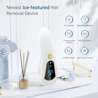 Epilator IPL cu functie de racire dubla, 999.900 de impulsuri luminoase, 3 functii avansate HR, SC, RA, display LED, touchscreen, mod manual si automat cu 9 niveluri de intensitate, pentru corp, fata, axila, inghinal, AMINZER