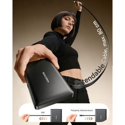 Statie de Incarcare multi-dispozitiv Rocoren 8 in 1 GaN 100W PD, cablu USB-C retractabil integrat 80 cm, incarcare rapida PD 3.0 / QC 4.0 / PPS, compatibil iPhone 17/16/15, MacBook, Samsung Galaxy, Pixel, laptopuri si tablete