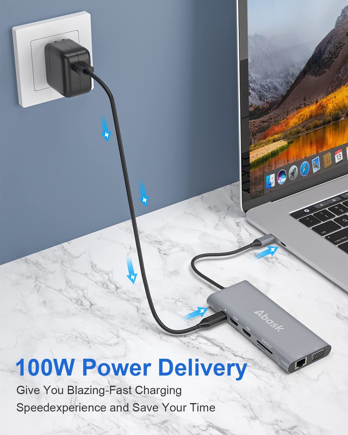 Hub adaptor USB C 11 in 1 Abask, cu 2 HDMI 4K, VGA, RJ45, 4 porturi USB, SD/micro SD, putere incarcare 100W