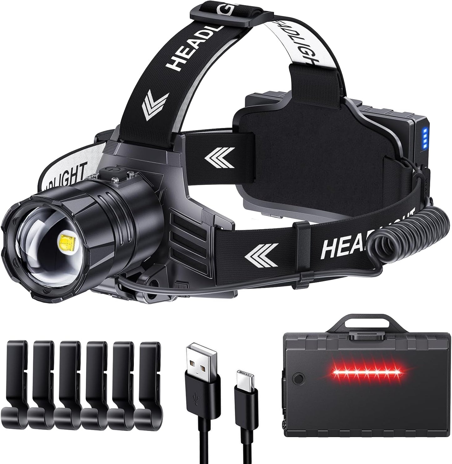 Lanterna frontala LED reincarcabila 120.000lm, baterie 9000mAh, USB-C, 5 moduri iluminare, zoom, IPX7, reglaj 120°, Power Bank, pentru camping si pescuit, clasa A+++