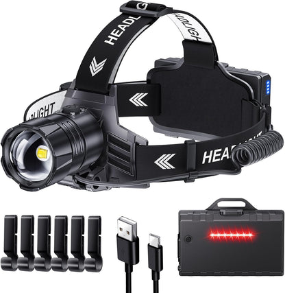 Lanterna frontala LED reincarcabila 120.000lm, baterie 9000mAh, USB-C, 5 moduri iluminare, zoom, IPX7, reglaj 120°, Power Bank, pentru camping si pescuit, clasa A+++