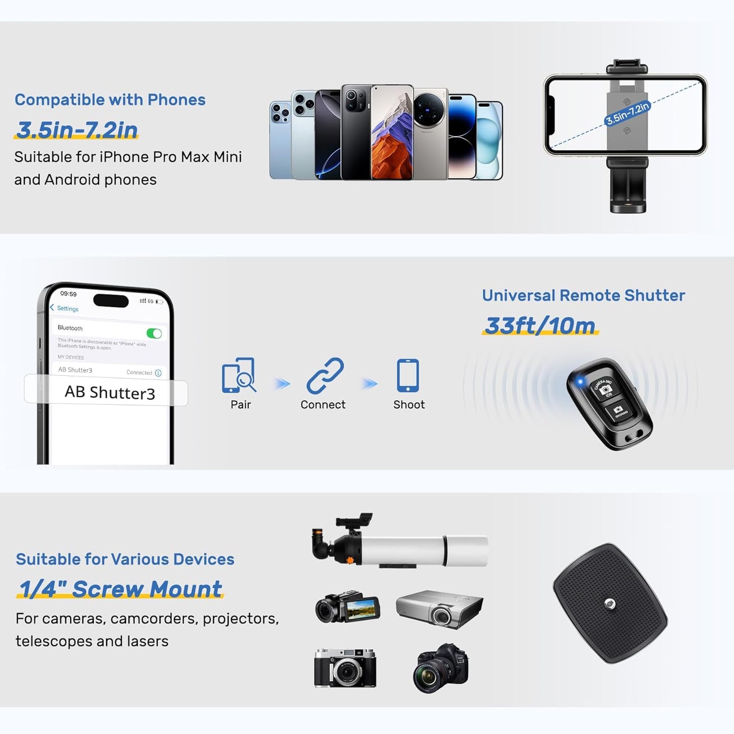 Trepied foto Victiv 188 cm, aluminiu usor si compact, cap detasabil 3 directii 360°, suport smartphone, telecomanda wireless, compatibil DSLR Canon/Nikon/Sony, smartphone/tableta, capacitate 6 kg, albastru