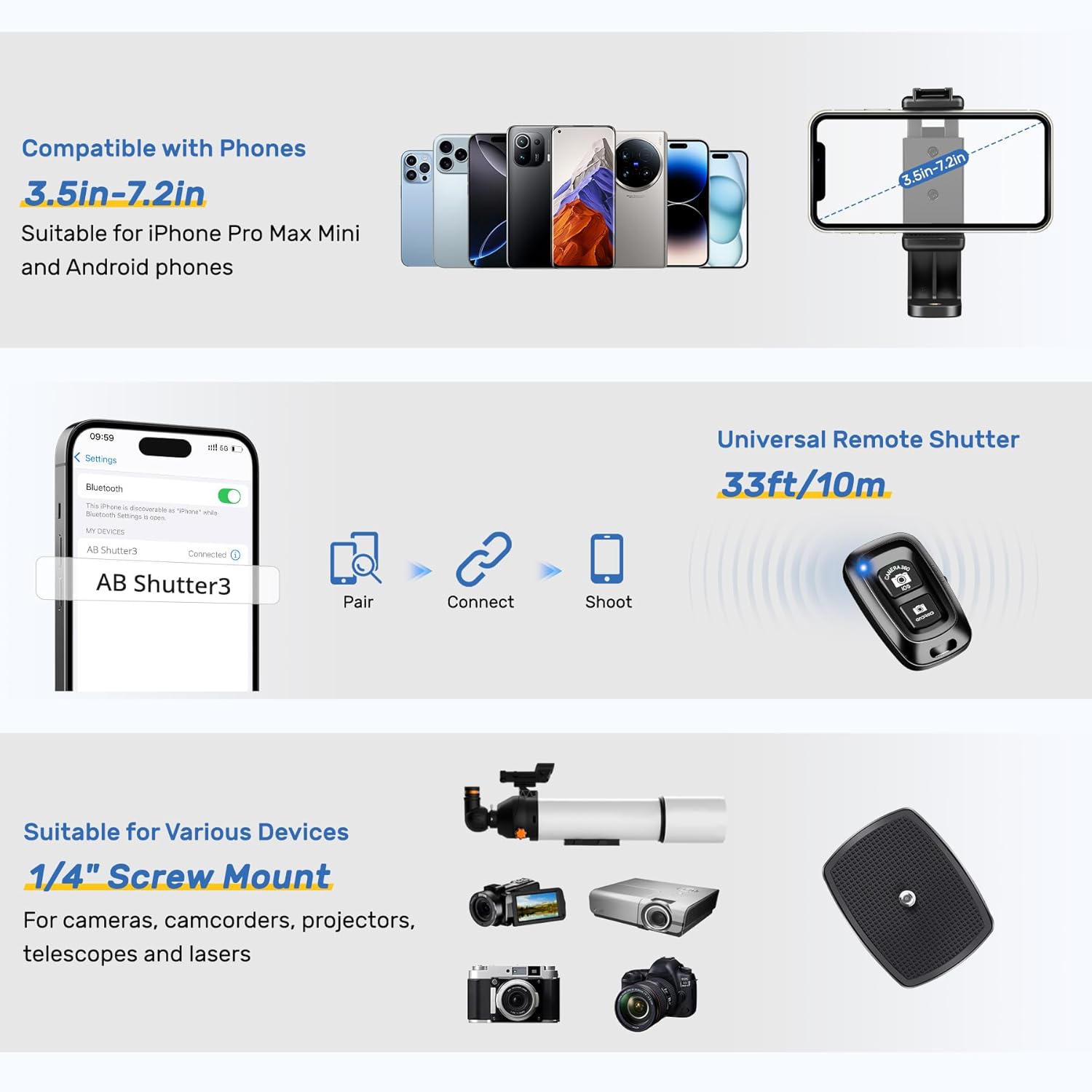 Trepied foto Victiv 188 cm, aluminiu usor si compact, cap detasabil 3 directii 360°, suport smartphone, telecomanda wireless, compatibil DSLR Canon/Nikon/Sony, smartphone/tableta, capacitate 6 kg, albastru
