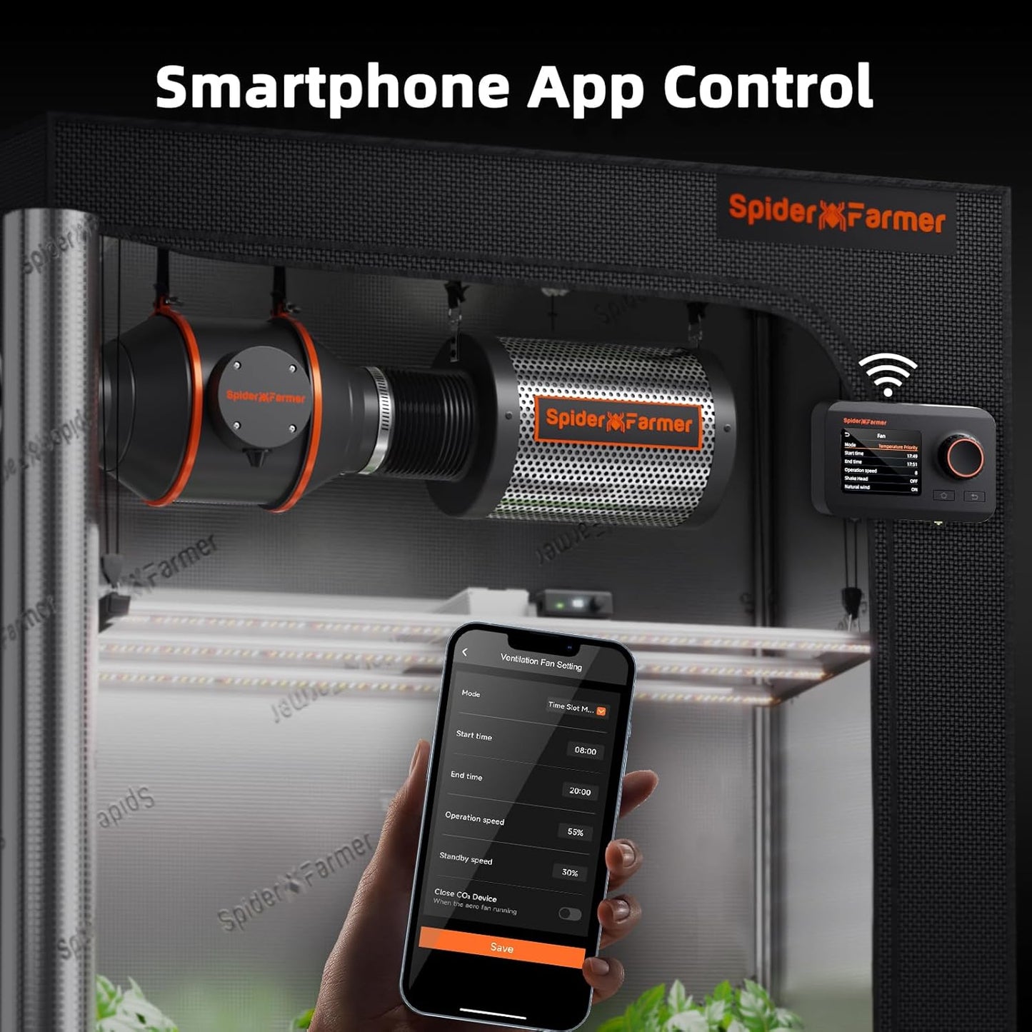 Kit ventilator evacuare aer 100 mm smart, WiFi, control aplicatie, 27 W, filtru de carbon RC412, 26,8 dB, cu control al temperaturii si umiditatii, pentru cort de crestere si agricultura verticala