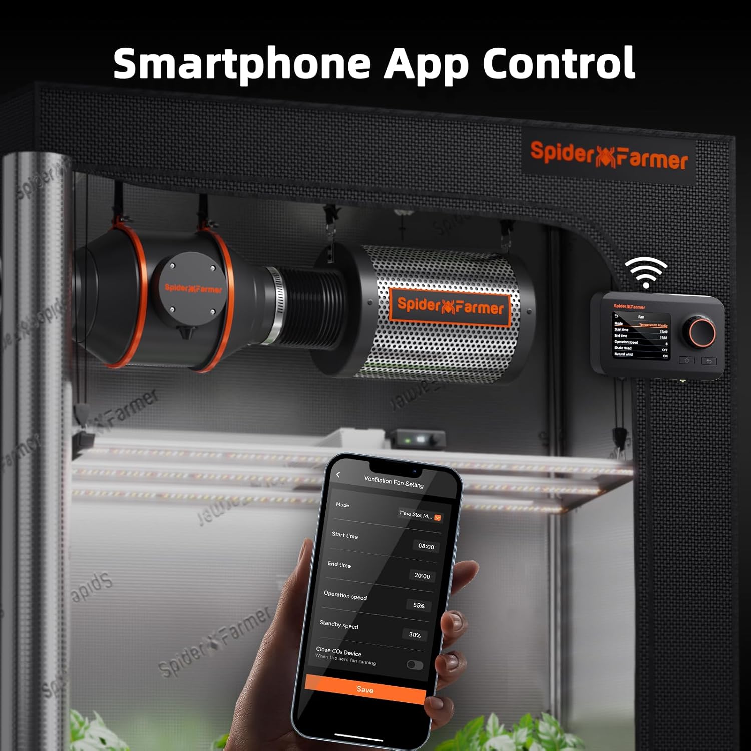 Kit ventilator evacuare aer 100 mm smart, WiFi, control aplicatie, 27 W, filtru de carbon RC412, 26,8 dB, cu control al temperaturii si umiditatii, pentru cort de crestere si agricultura verticala