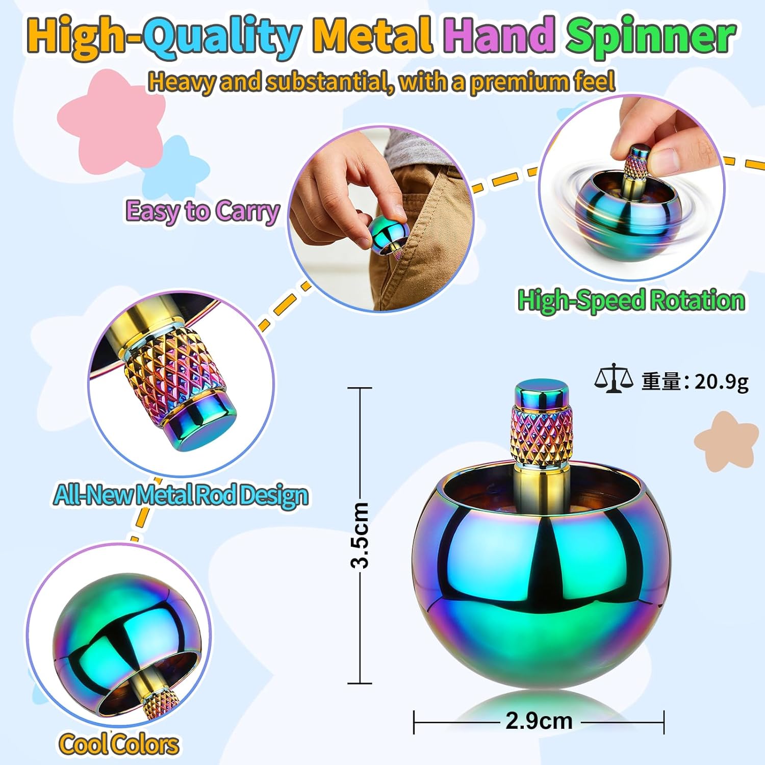 Fidget spinner metalic Coolden, titirez anti-stres, rotatie 3-5 min, silentios, otel inoxidabil 304, mini portabil EDC, pentru copii si adulti, multicolor