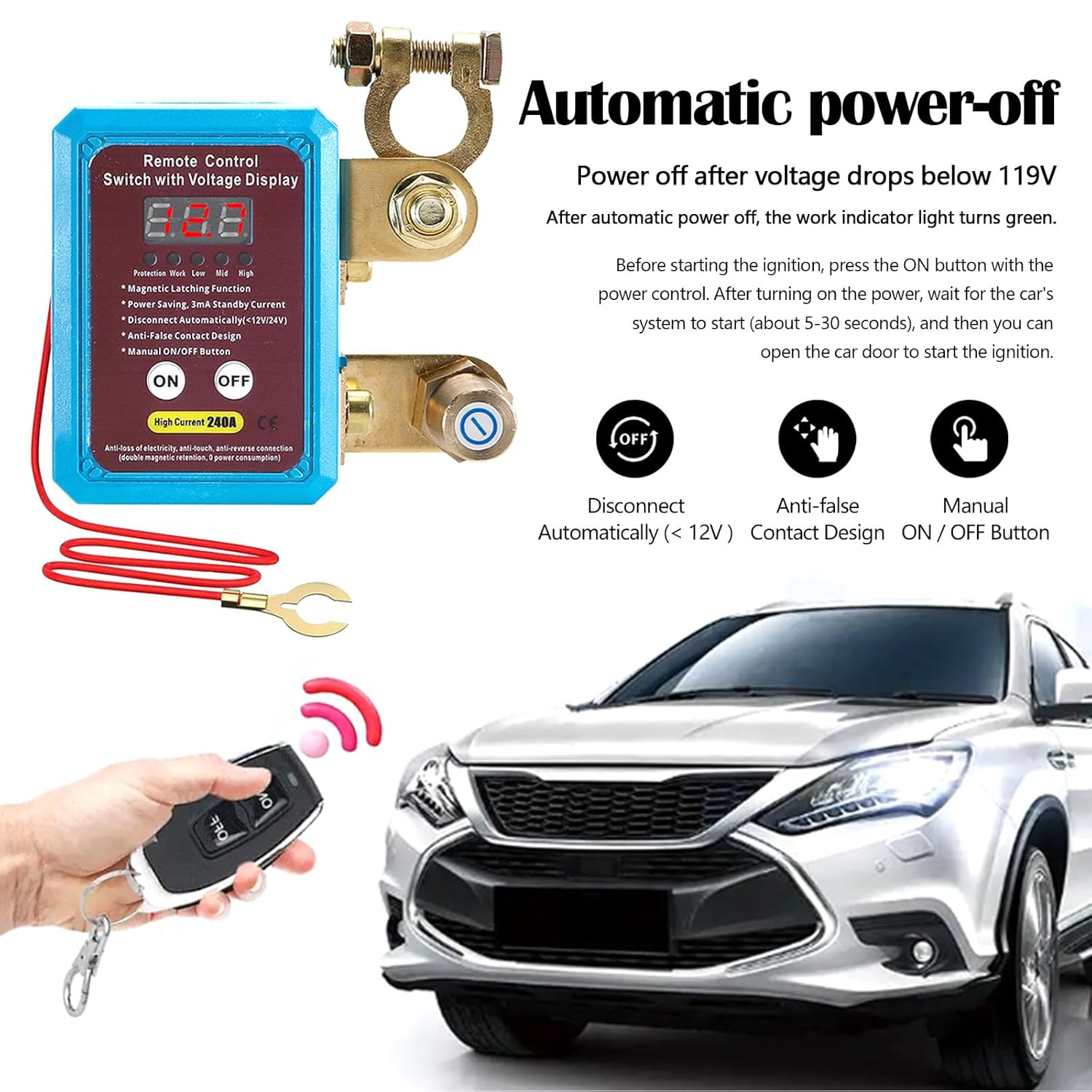 Izolator baterie auto, comutator de deconectare 12/24V 240A, cu 2 telecomenzi wireless, display, monitorizare tensiune, oprire automata, intrerupator baterie pentru masina, barca, autovehicule, rulota, ATV, camion