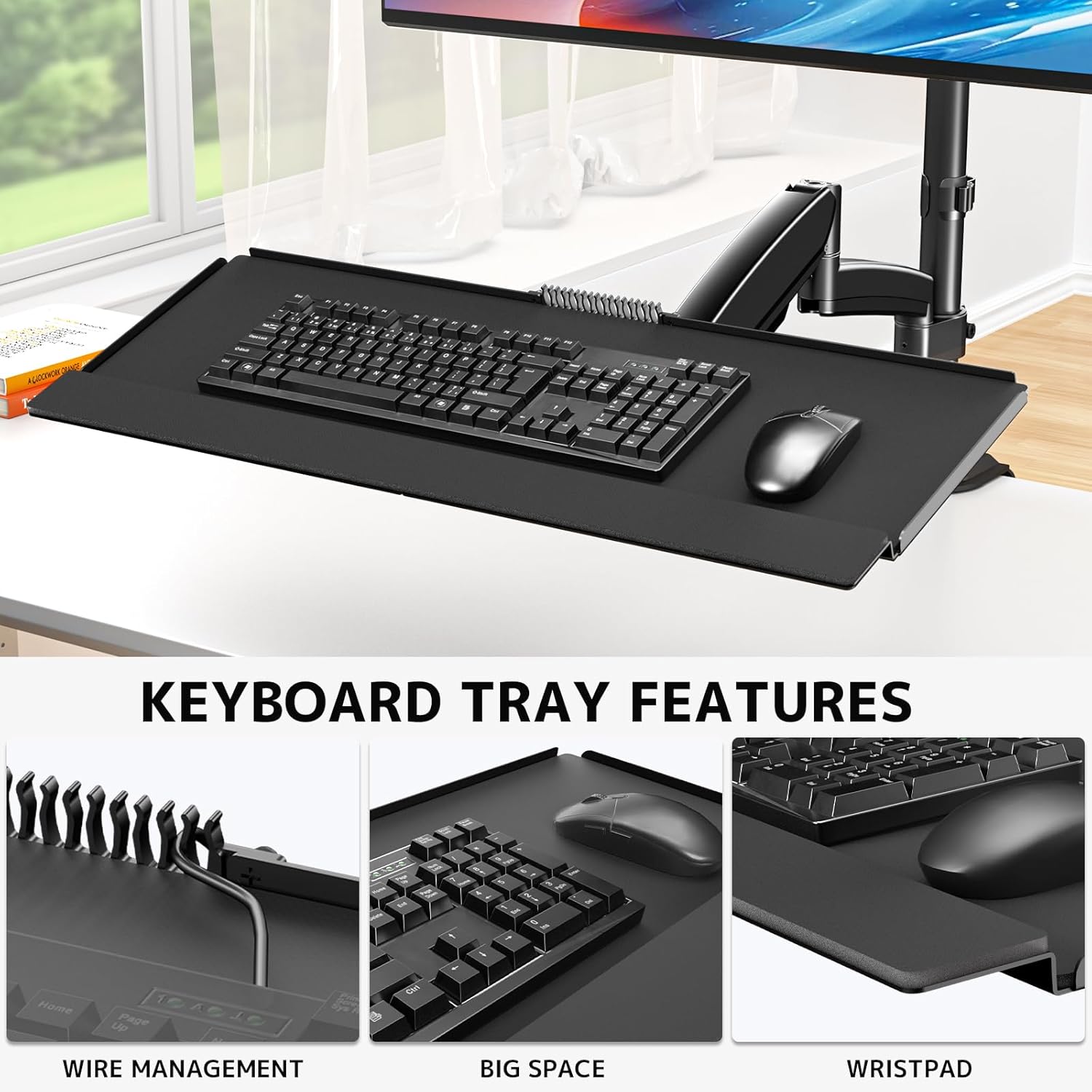 Suport monitor cu raft pentru tastatură - pentru suport monitor cu arc pe gaz de 17-32 inch, până la 9 kg,