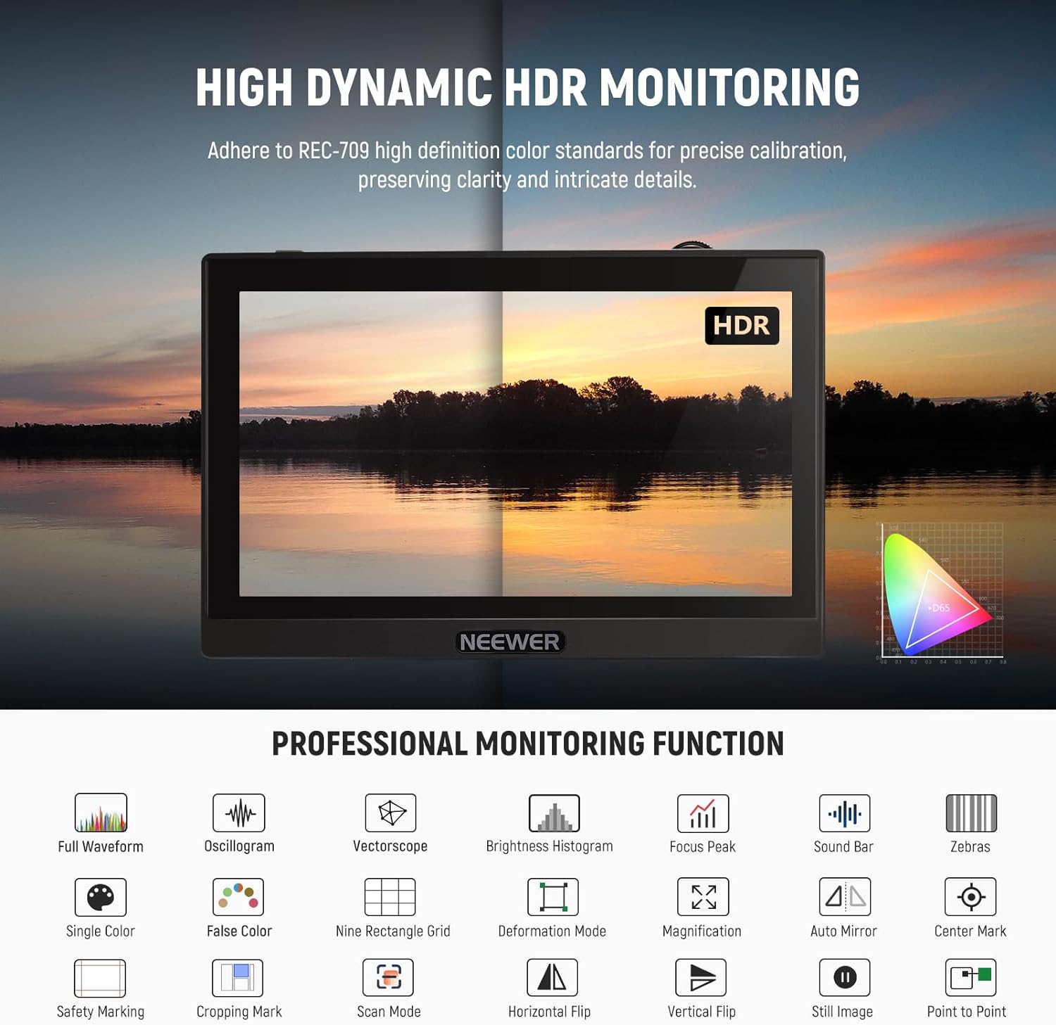 Set monitor video de teren 5.5 inch, 3D LUT, Touchscreen IPS Full HD 1920 x 1080, HDR, HDMI Loop-in/out 4K, Full Waveform, Focus Peaking Assistant, cu acumulator NP-F550, incarcator si parasolar