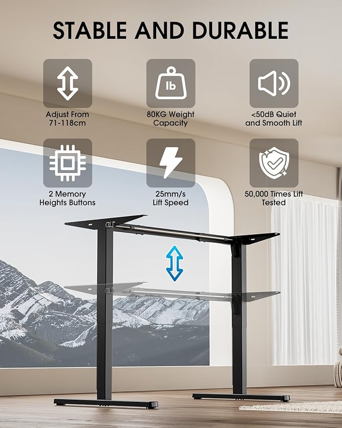 Cadru pentru birou electric reglabil pe inaltime 71-118 cm, cu organizator cabluri, carlige laterale, capacitate 80 kg, memorie inaltime, latime reglabila 100-130 cm, negru