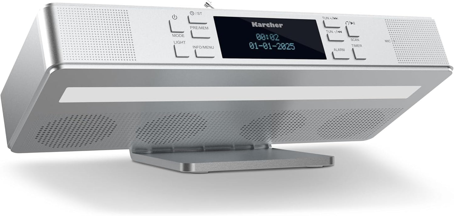 Radio de bucatarie, FM/DAB+, Bluetooth, iluminare LED integrata, ceas cu alarma si timer, montaj sub dulap, argintiu