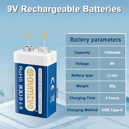 Set 4 baterii reincarcabile USB-C 9 V, 1350 mAh, dimensiune standard, Performanta ridicata, pentru detector de fum, microfon, jucarie, multimetru