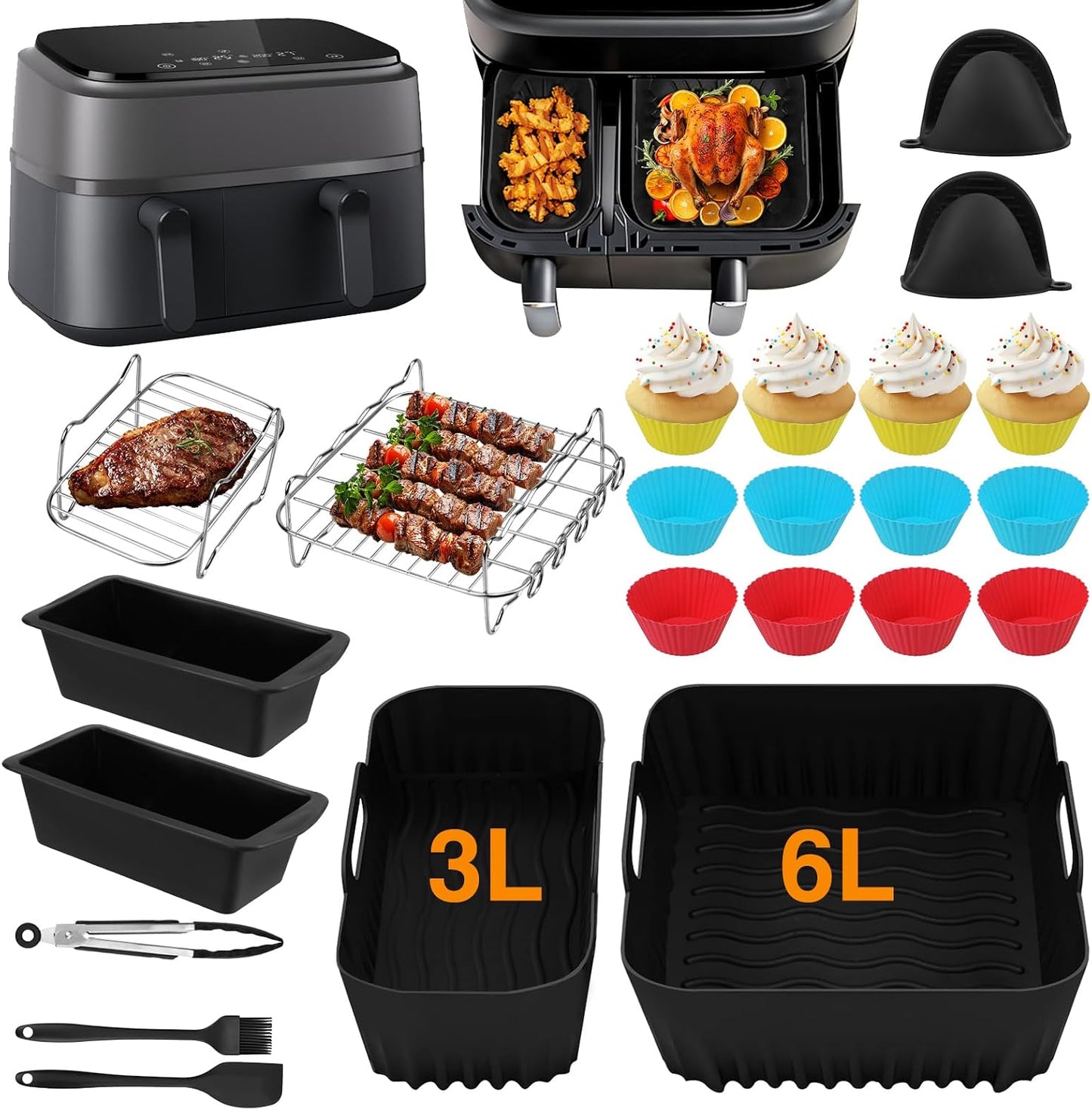 Set 27 accesorii pentru friteuza cu aer cald Philips Dual Basket Airfryer 3000/5000 series (6L/3L), tavi silicon, gratare inox, multicolor