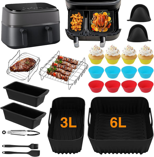 Set 27 accesorii pentru friteuza cu aer cald Philips Dual Basket Airfryer 3000/5000 series (6L/3L), tavi silicon, gratare inox, multicolor