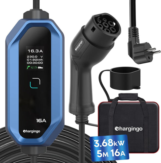 Statie de incarcare portabila pentru masini electrice cu cablu Type 2, cablu de incarcare EV, 5 m, 3,68 kW, 230 V, IEC 62196-2, curent reglabil 6-16 A, Chargingo, impermeabil IP65, afisaj LCD, cu geanta de depozitare