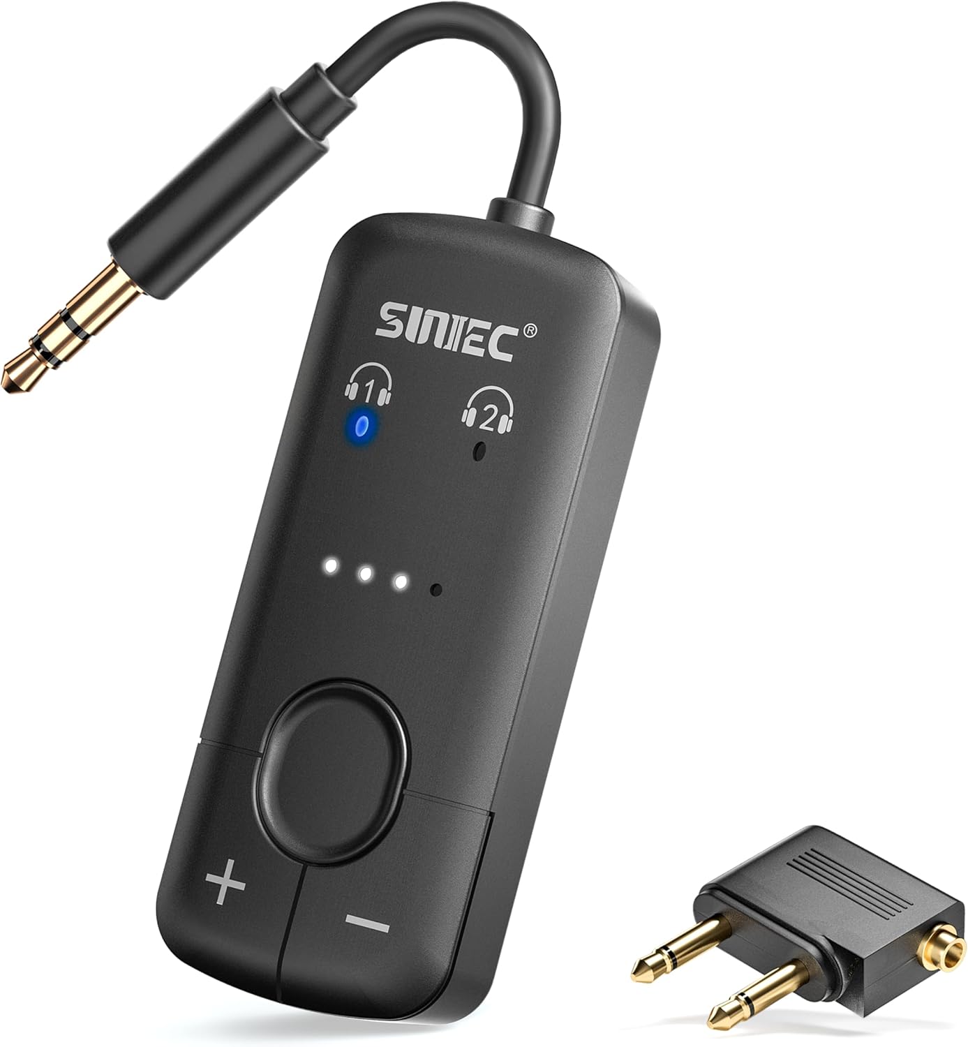 Adaptor transmitator AirFly cu Bluetooth, Dual Link, wireless, accepta 2 casti sau mufa AirPods, cu AUX 3.5 mm, latenta scazuta aptX, portabil, pentru TV, avion, masina (negru)