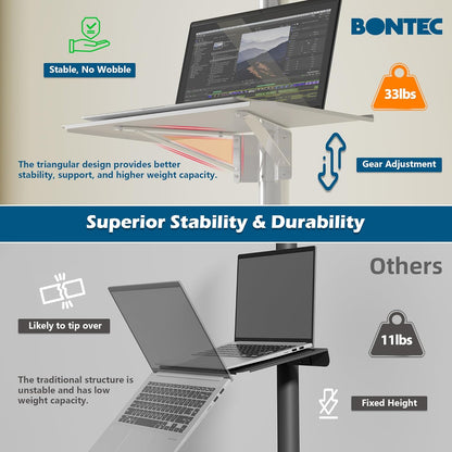 Suport TV mobil BONTEC pe roti pentru televizoare de 23-60 inch, suport TV portabil cu raft pentru laptop, carucior TV rulant reglabil pe inaltime pana la 25 kg, max. VESA 400 x 400 mm (alb)