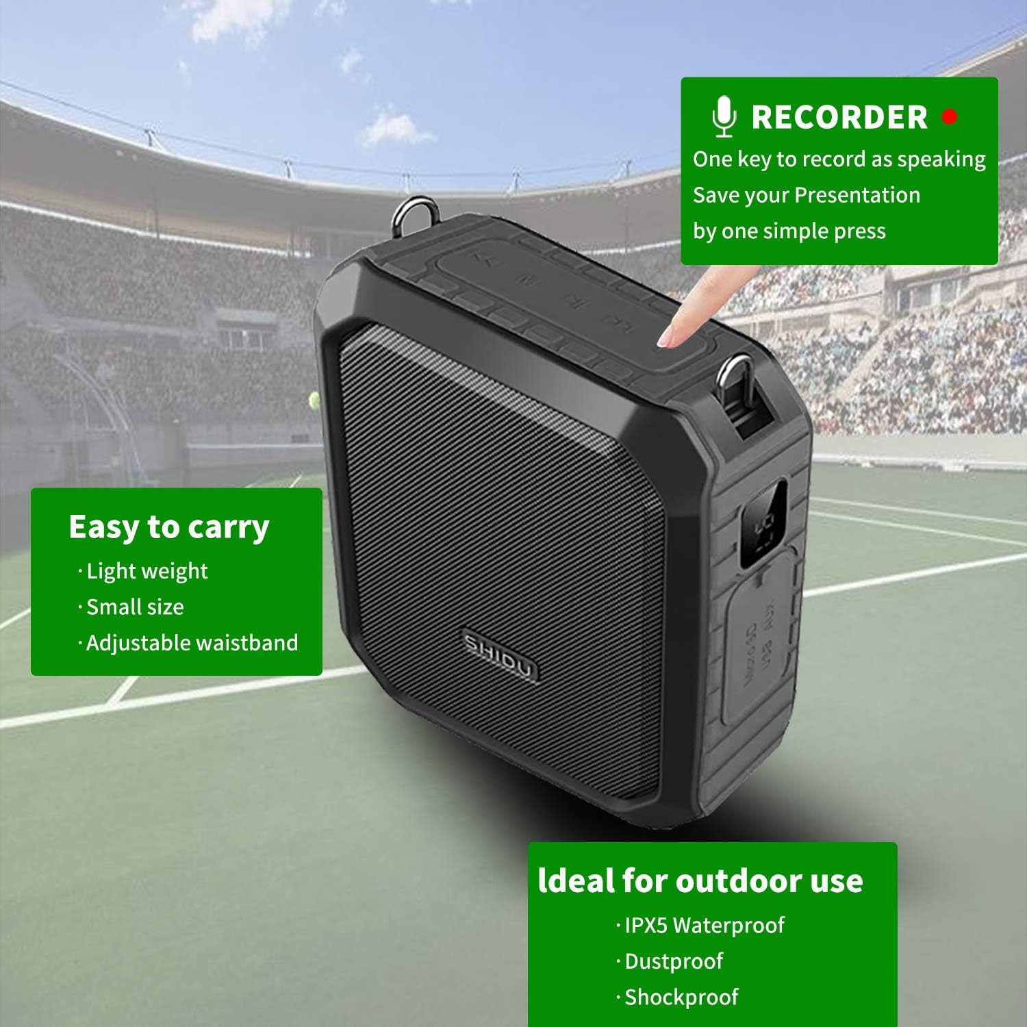 Amplificator vocal wireless SHIDU 18W, sistem PA portabil IPX5, Bluetooth 4.2, microfon UHF si casti reincarcabile, difuzor portabil pentru scoli, ghiduri turistice sau evenimente outdoor