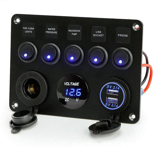 Panou comutator auto Sundiguer 12V/24V, 5 întrerupătoare LED, USB dublu 2.1A, priză brichetă, voltmetru digital, IP66 impermeabil, carcasă aluminiu, universal auto/UTV/RV