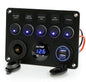 Panou comutator auto Sundiguer 12V/24V, 5 întrerupătoare LED, USB dublu 2.1A, priză brichetă, voltmetru digital, IP66 impermeabil, carcasă aluminiu, universal auto/UTV/RV